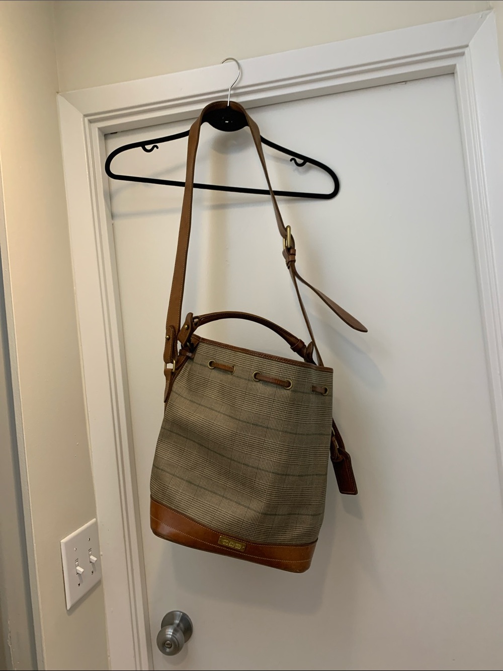 Woman’s  Tan & Beige Plaid Bucket Bag - Leather Trim